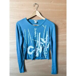 LEI y2k Womens Blue Acrylic Long Sleeve Graphic Top Size S